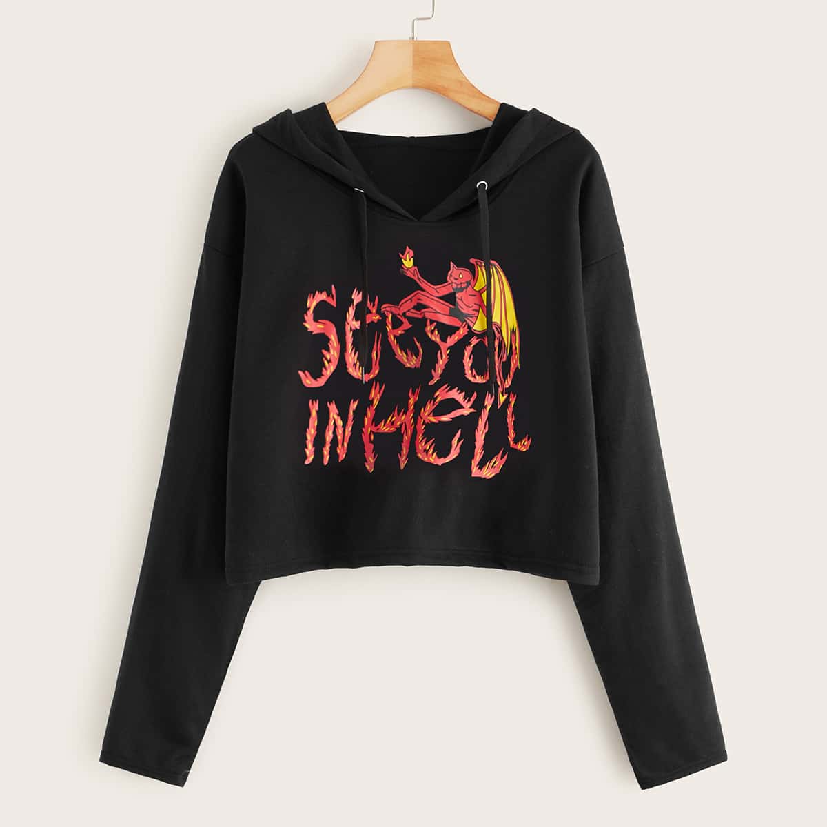 

Halloween & Letter Graphic Drawstring Crop Hoodie, Black