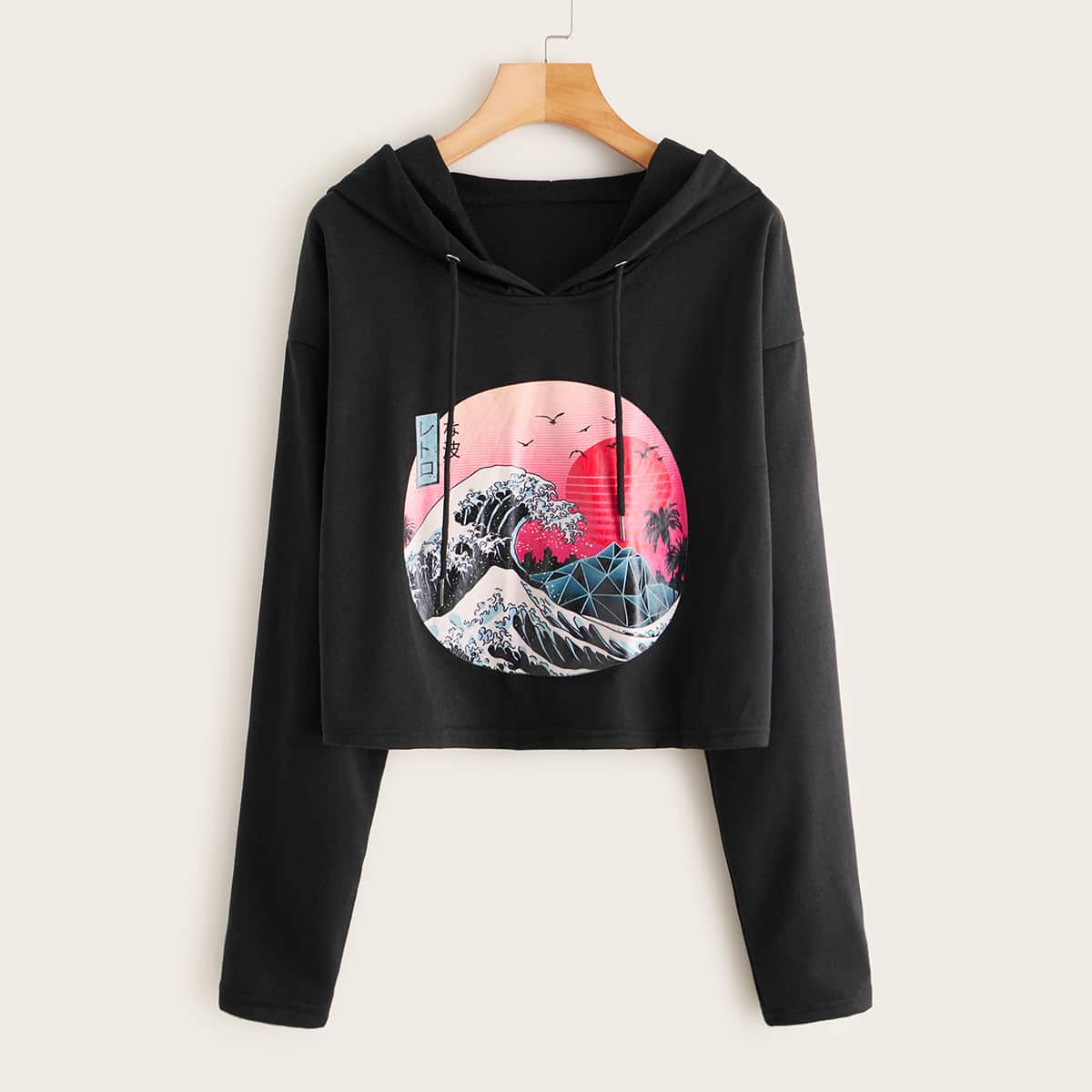 

Graphic Print Drawstring Crop Hoodie, Black