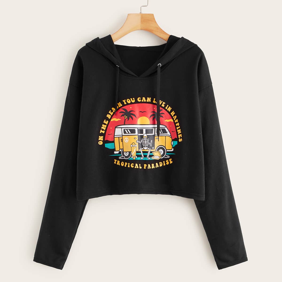 

Halloween & Slogan Graphic Drawstring Hoodie, Black