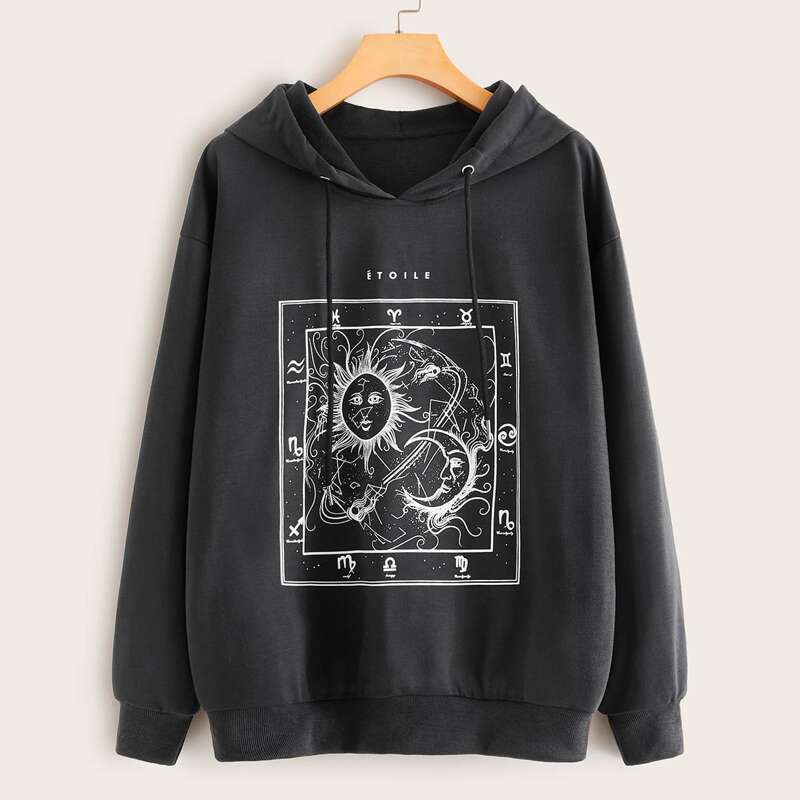 

Graphic Print Pullover Hoodie, Grey