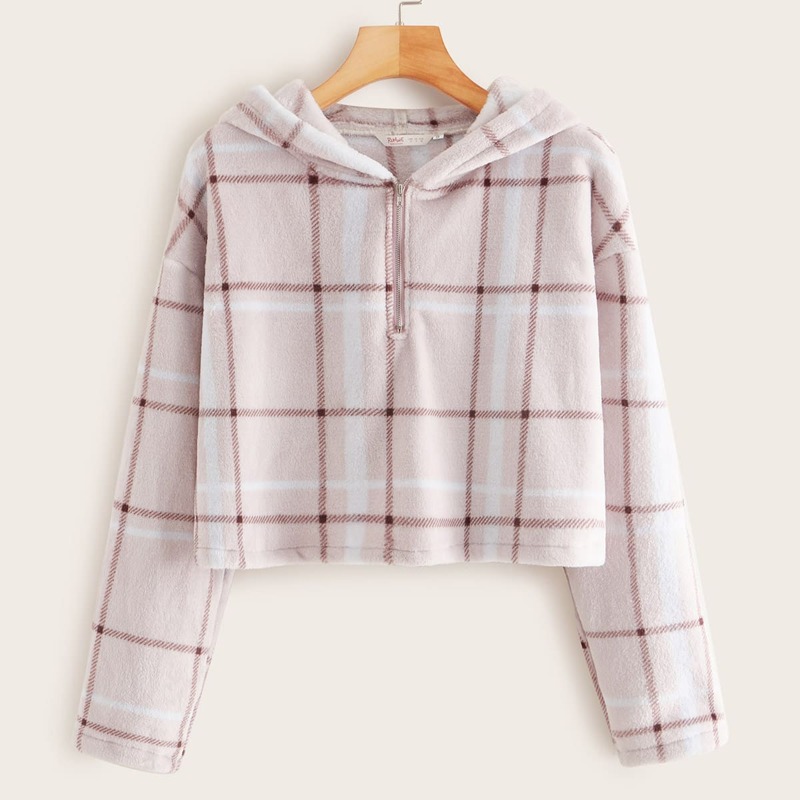 

Fleece Teddy Plaid Crop Hoodie, Pink