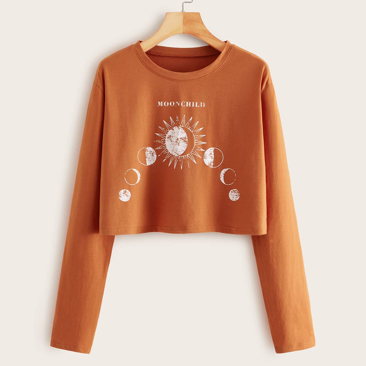

Moon Graphic Print Long Sleeve Crop Top, Orange