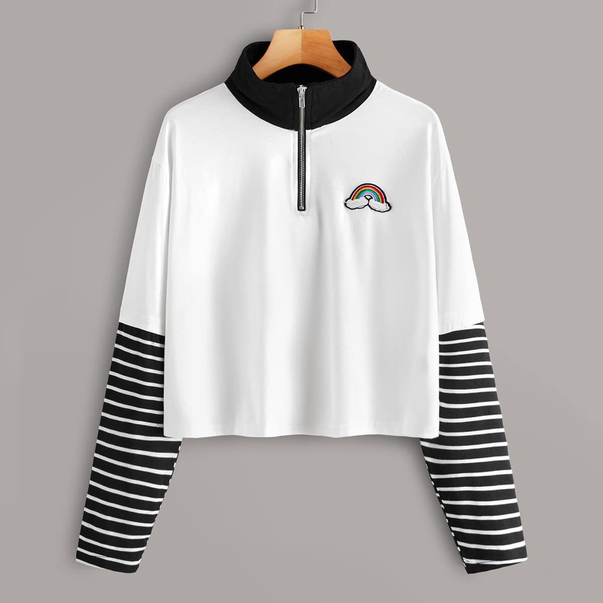 

Rainbow Patched Striped Sleeve Polo Tee, Black and white
