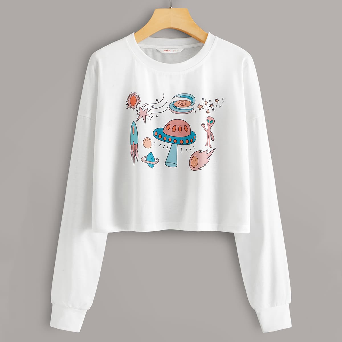 

Cartoon Graphic Drop Shoulder Crop Tee, White