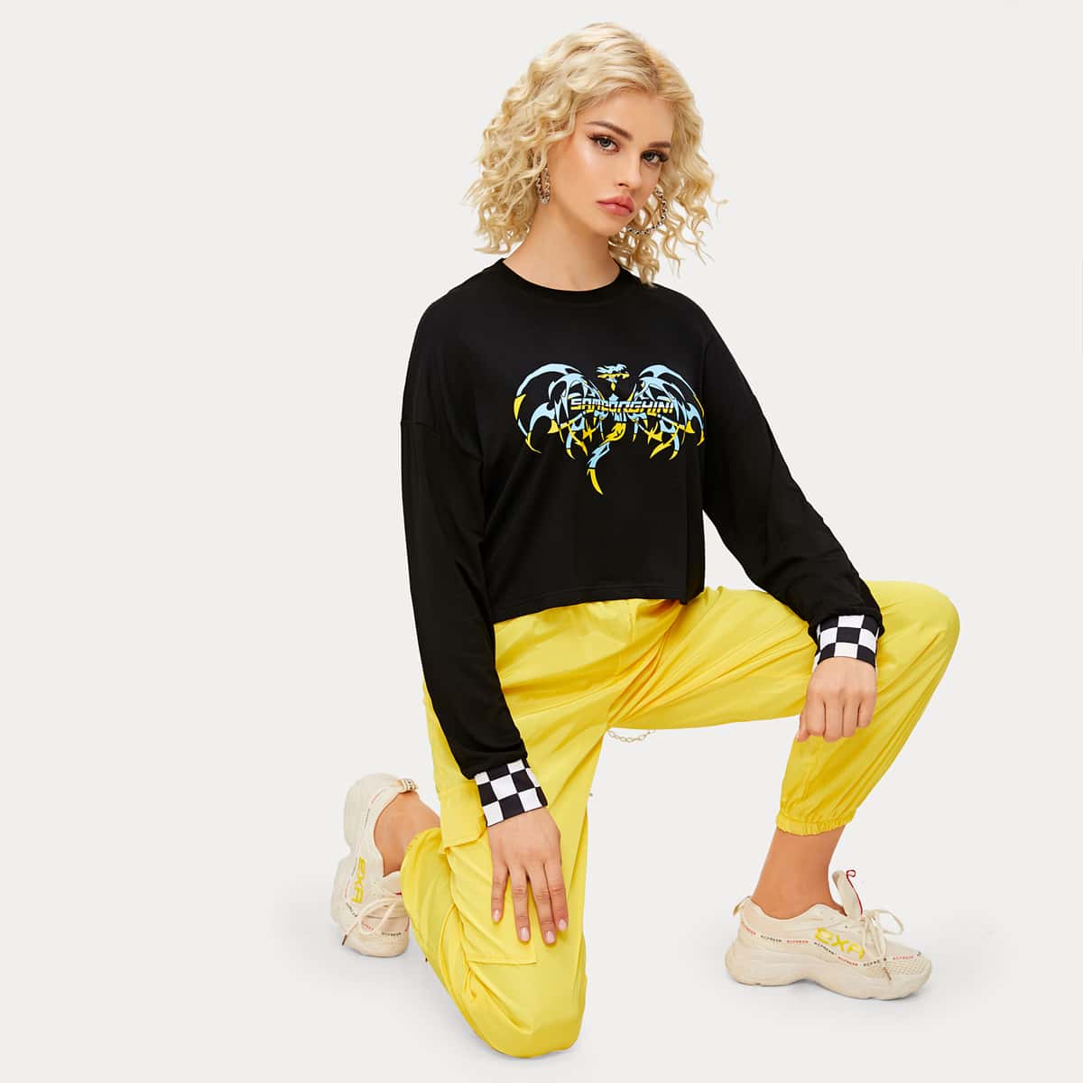 

Graphic Print Checkered Cuff Tee, Black