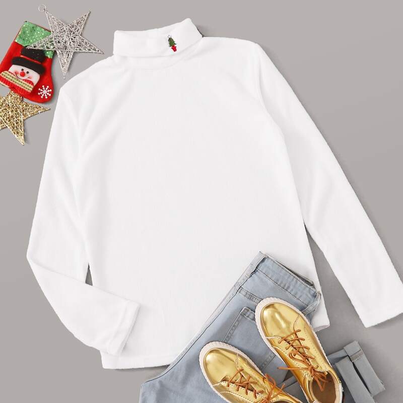 

Christmas Embroidery Turtleneck Flannel Tee, White