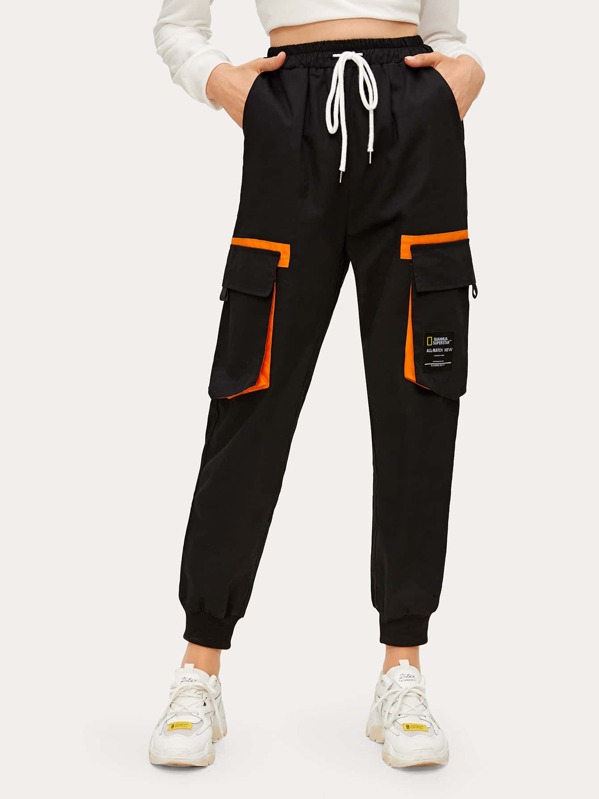 

Side Flap Pocket Drawstring Cargo Pants, Black, Kisa