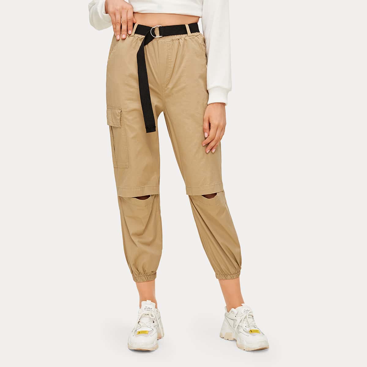 

Solid Side Flap Pocket Belted Cargo Pants, Khaki