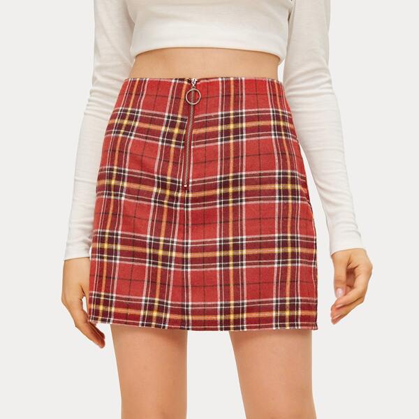 

Tartan O-ring Zip Front Skirt, Red