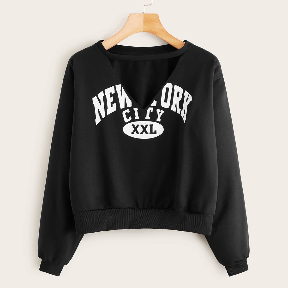 

Letter Graphic Choker Neck Sweatshirt, Black