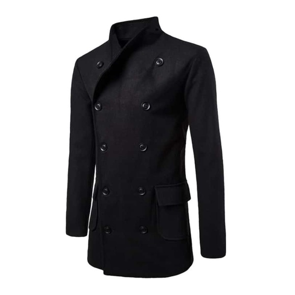 

Men Flap Pockets Double Breasted Belted Tweed Coat, Black
