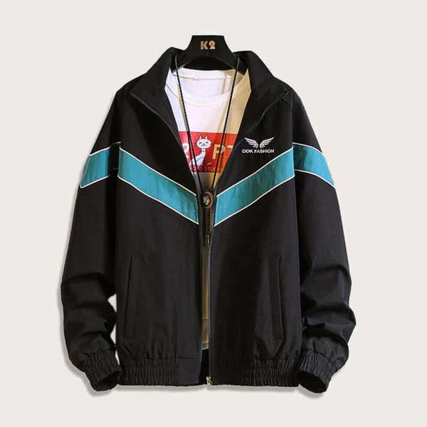 

Men Chevron Panel Windbreaker Jacket, Black