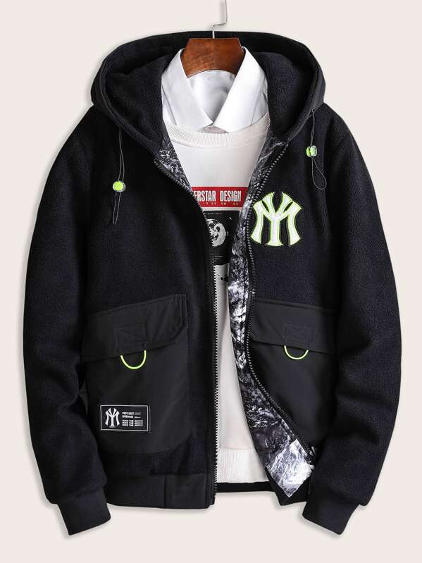 

Men Letter Patched Hooded Reversible Fleece Jacket, Black