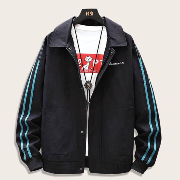 

Men Side Stripe Letter Graphic Jacket, Black