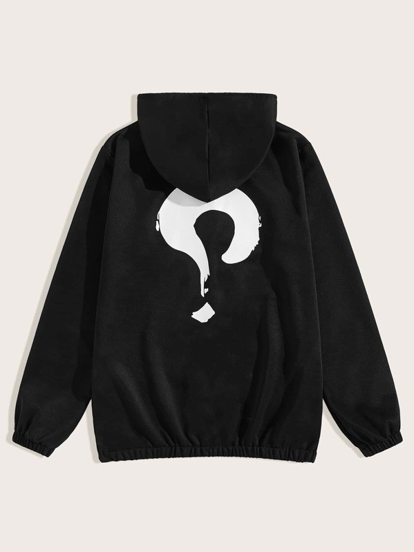 

Men Graphic Print Drawstring Hooded Coat, Black
