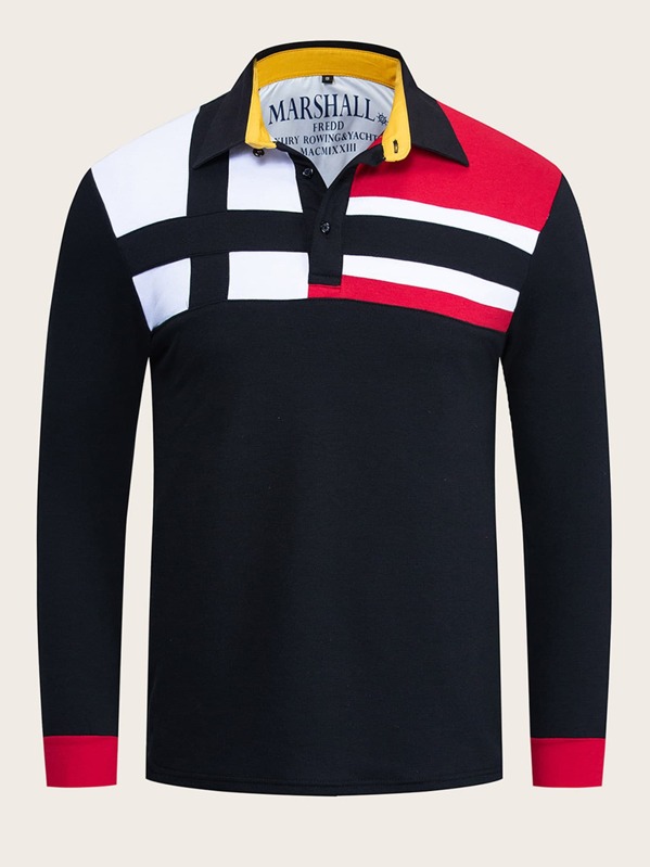 

Men Contrast Panel Polo Shirt, Black