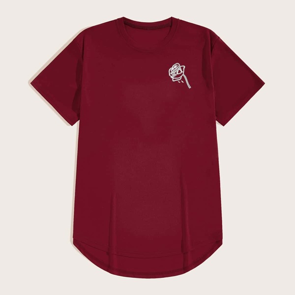 

Men Rose Embroidery Curved Hem Tee, Burgundy