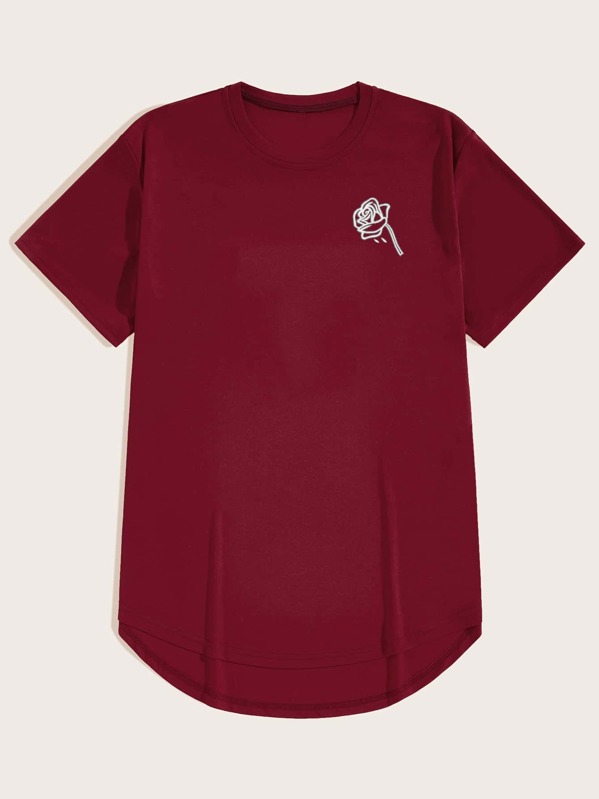 

Men Rose Embroidery Curved Hem Tee, Burgundy