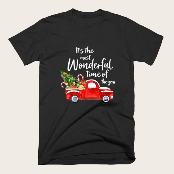 

Men Christmas New Year Print Round Neck Tee, Black