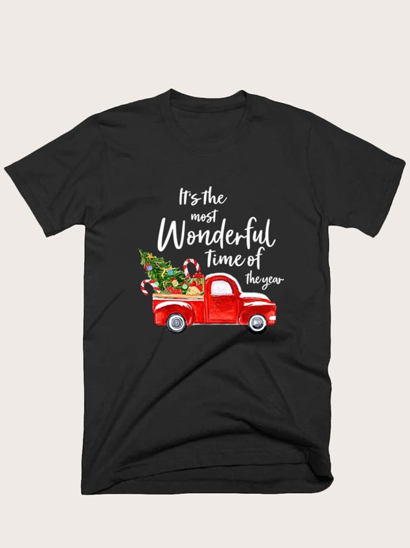 

Men Christmas New Year Print Round Neck Tee, Black