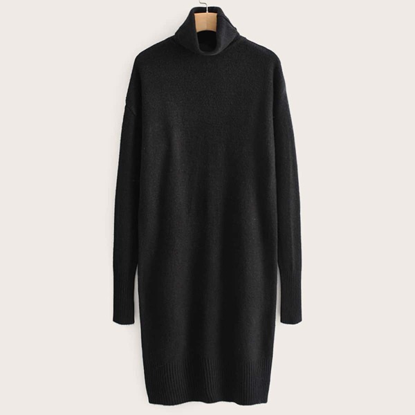 

High Neck Ribbed Knit Sweater Dress, Black