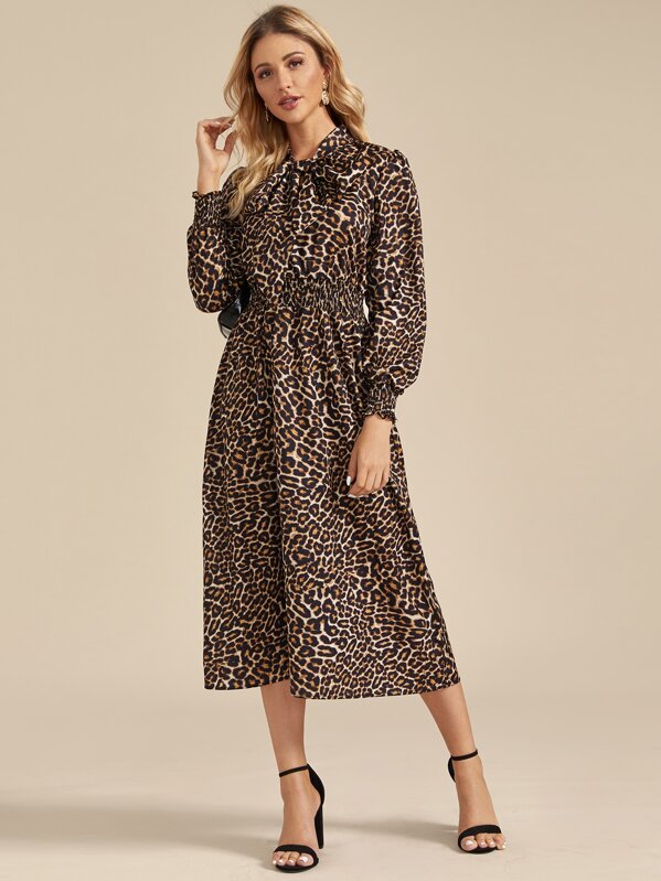 

Tie Neck Leopard Print Shirred Waist Dress, Multicolor, Nathane
