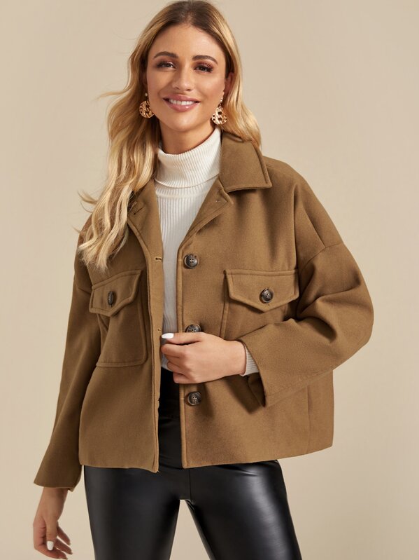 

Button Front Double Pocket Jacket, Brown, Nathane
