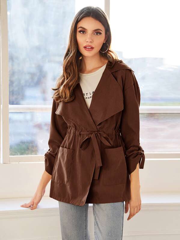 

Waterfall Collar Drawstring Waist Trench Coat, Brown, Barbara C