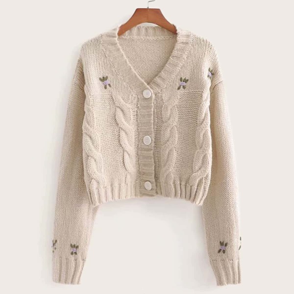 

Floral Embroidered Cable Knit Cardigan, Beige