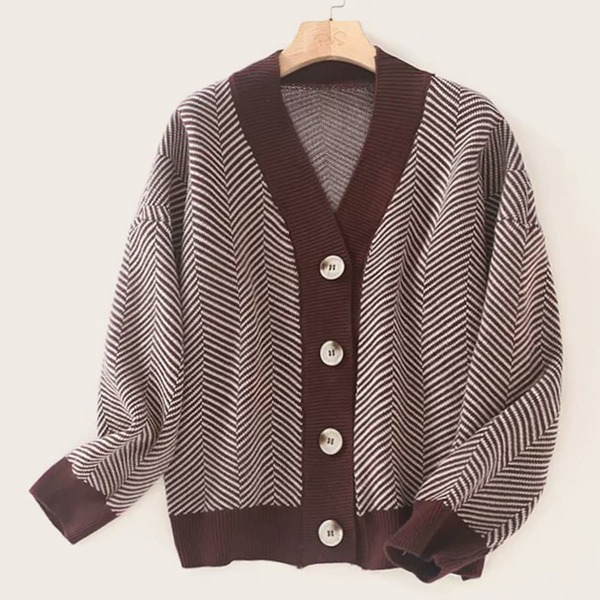 

Button Front Contrast Binding Striped Cardigan, Multicolor