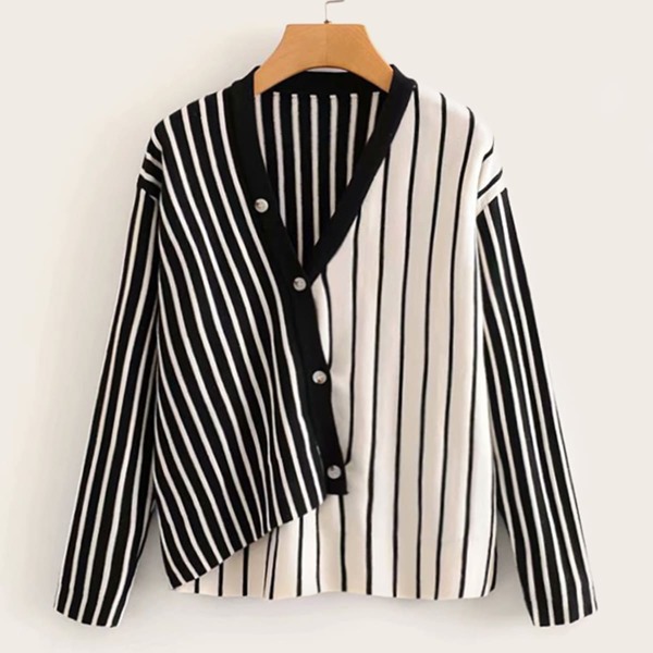 

Two Tone Striped Button Front Cardigan, Black and white