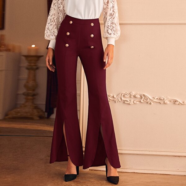 

Double Breasted Slit Hem Flare Leg Pants, Burgundy