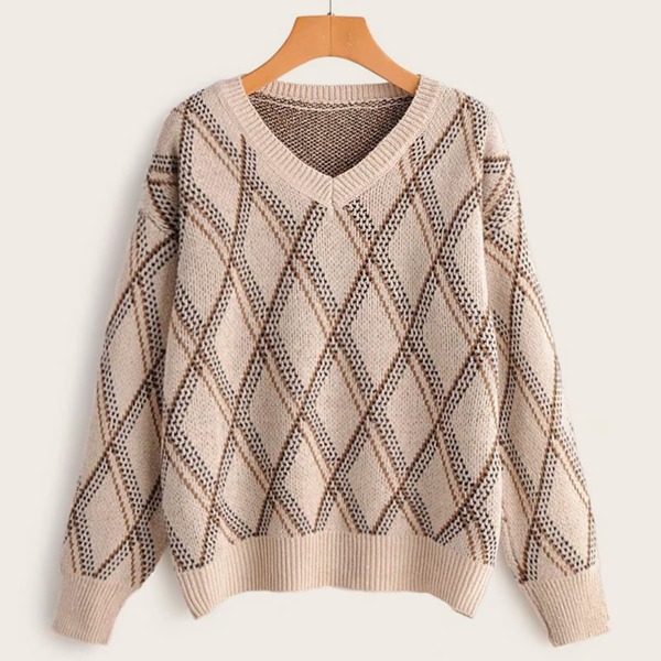

V-neck Geo Print Drop Shoulder Sweater