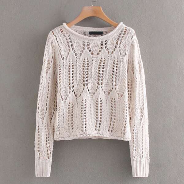 

Pointelle Knit Boat Neck Sweater, Beige
