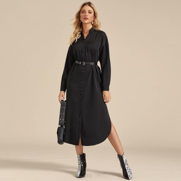 

Notched Buttoned Split Thigh Shirt Dress, Black