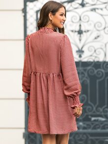 Fill Trim Houndstooth Smock Dress - Burgundy - View 2