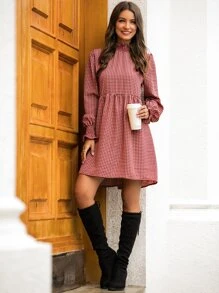 Fill Trim Houndstooth Smock Dress - Burgundy - View 4
