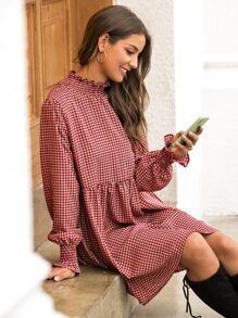 Fill Trim Houndstooth Smock Dress - Burgundy - View 5
