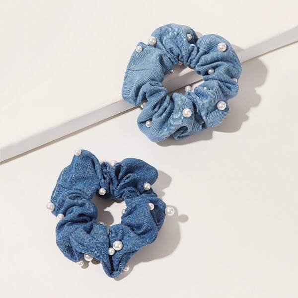 

2pcs Faux Pearl Decor Scrunchie, Blue