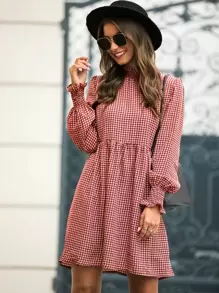 Fill Trim Houndstooth Smock Dress - Burgundy - View 1