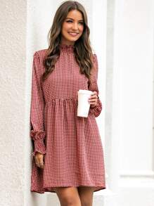 Fill Trim Houndstooth Smock Dress - Burgundy - View 7