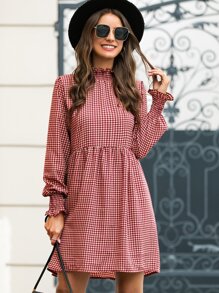 Fill Trim Houndstooth Smock Dress - Burgundy - View 3