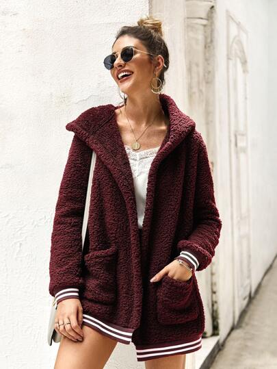 Contrast Striped Dual Pockets Hooded Teddy Jacket