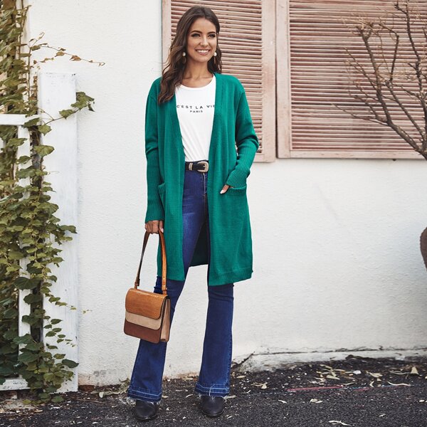

Open Front Dual Pockets Cardigan, Green