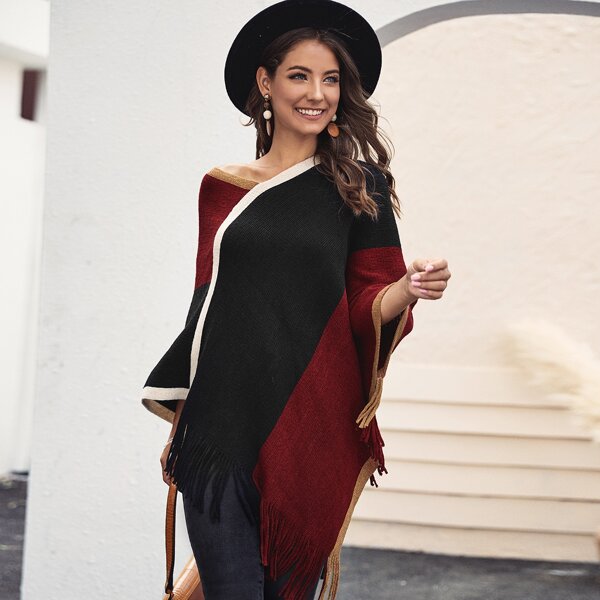 

Contrast Panel Fringe Hem Poncho Sweater, Multicolor