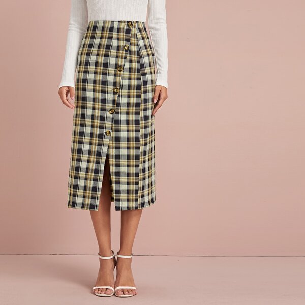

Tartan Plaid Button Front Straight Skirt, Multicolor