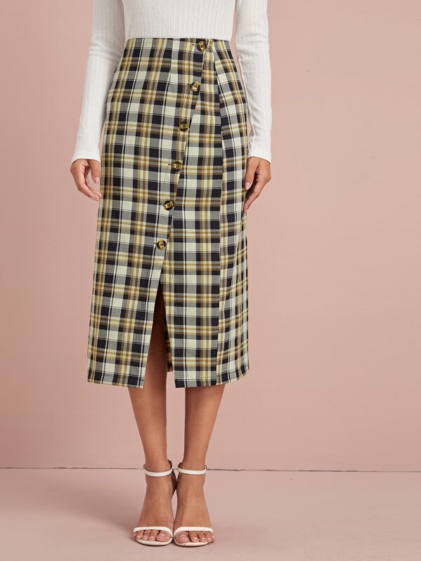 

Tartan Plaid Button Front Straight Skirt, Multicolor, Gabe