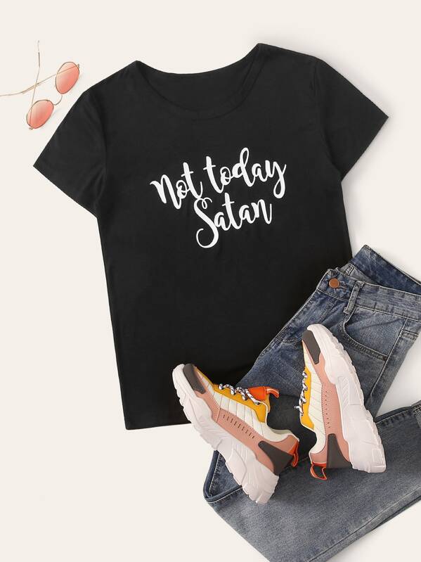

Slogan Graphic Round Neck Tee, Black