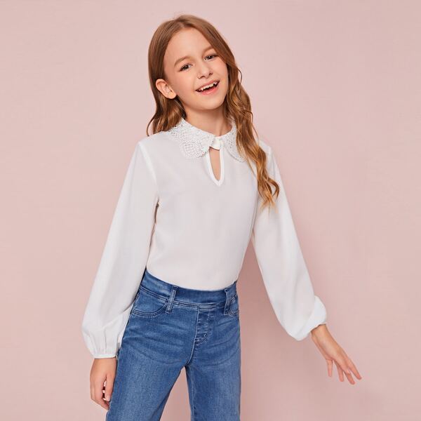 

Girls Cut Out Front Guipure Lace Collar Top, White