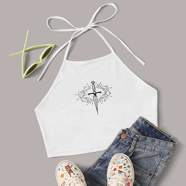 

Graphic Print Tie Back Halter Top, White